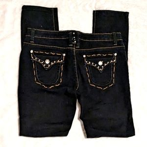 Drama Gold Black Jeans Ladies Straight Skinny Tapered Ornate Distressed Sz 7
